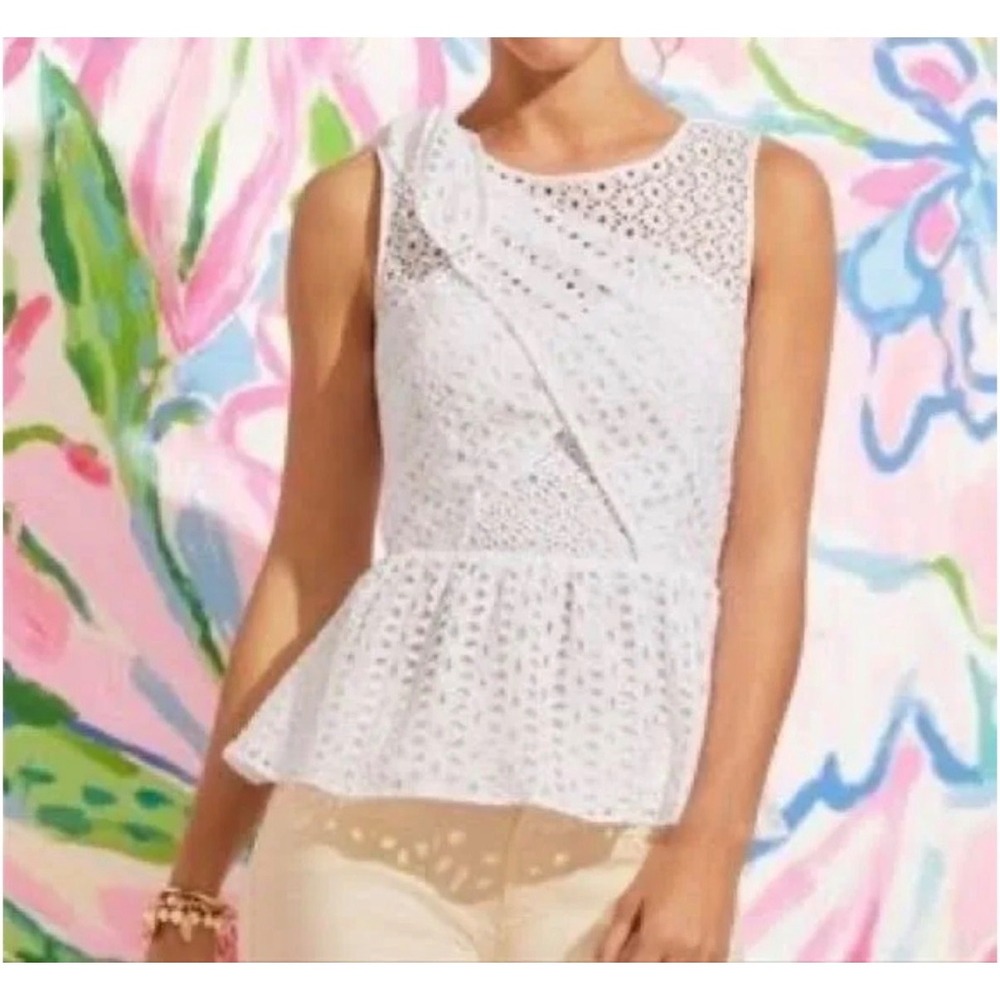 Lilly Pulitzer Diara White Eyelet Cotton Peplum Top Size 4